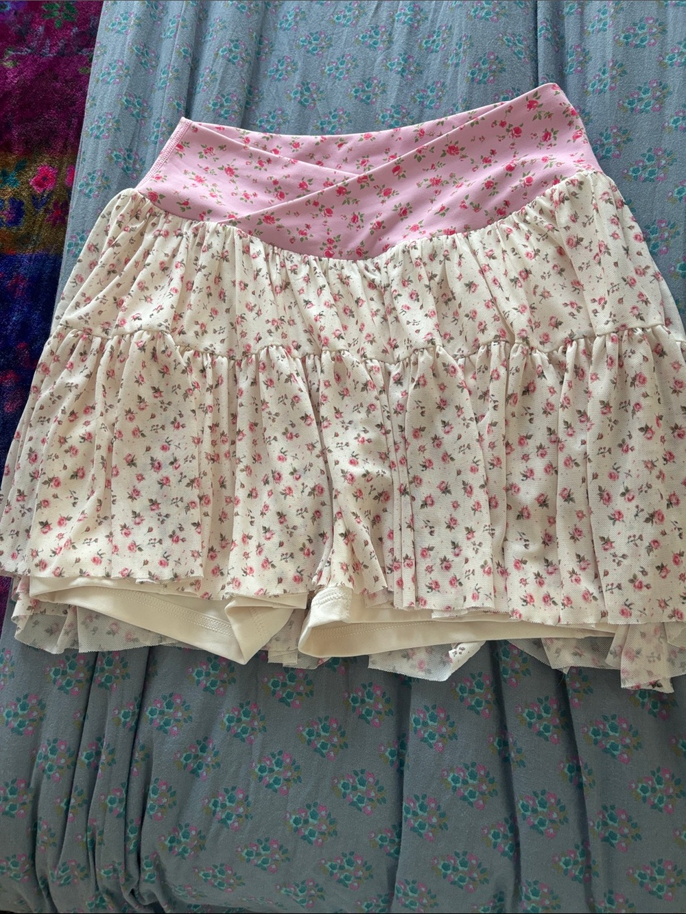 Blogilates Cream Floral Tiered Skirt with Pink Waistband